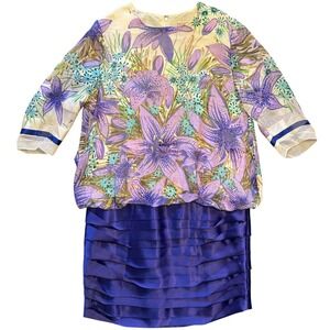 Zandra Rhodes Dress Women's US size 14 Floral Silk Blend Blouson Retro Purple